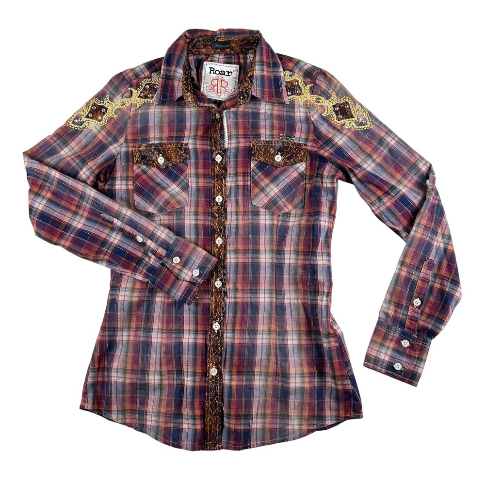 Roar Shirt Womens Small Plaid Lace Embroidered Rhinestone Western Blouse Top